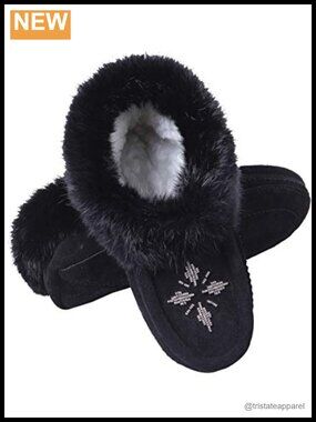 Mocc Indoor Slippers Soft Sole Fleece Lined Rabbit Fur Trim